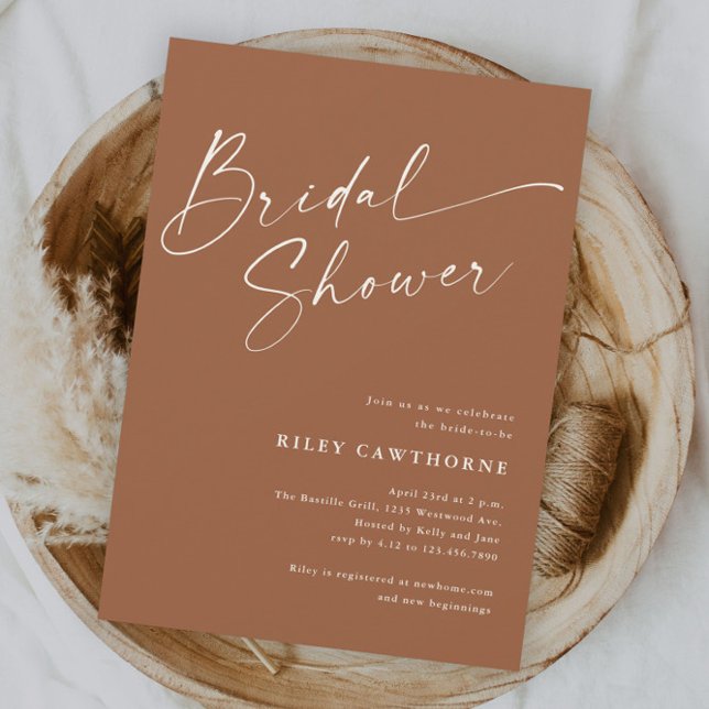 Modern Script Terracotta Boho Bridal Shower Invitation (Modern script terracotta boho bridal shower invitation.)