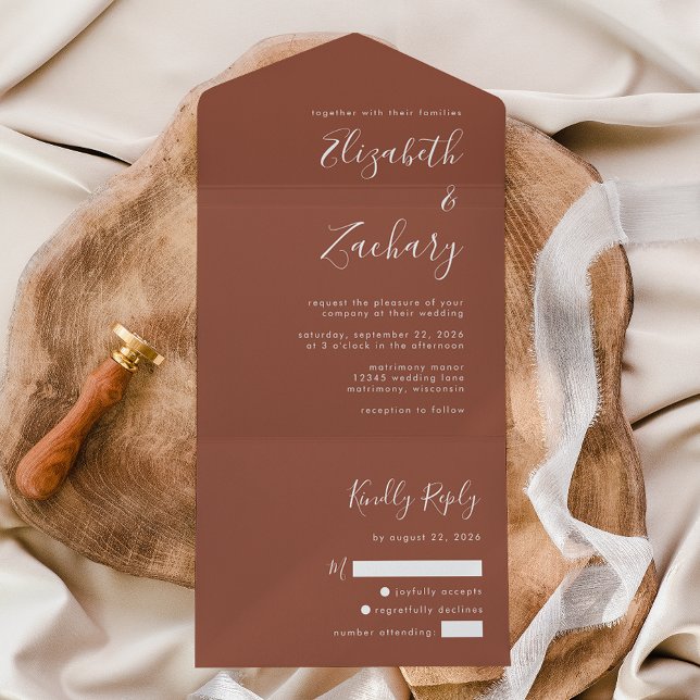 Modern Script Terracotta Burnt Orange Wedding All In One Invitation (Creator Uploaded)