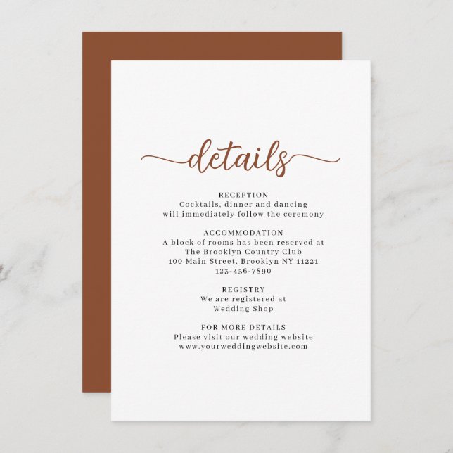 Modern Script Terracotta Wedding Details Enclosure Card (Front/Back)