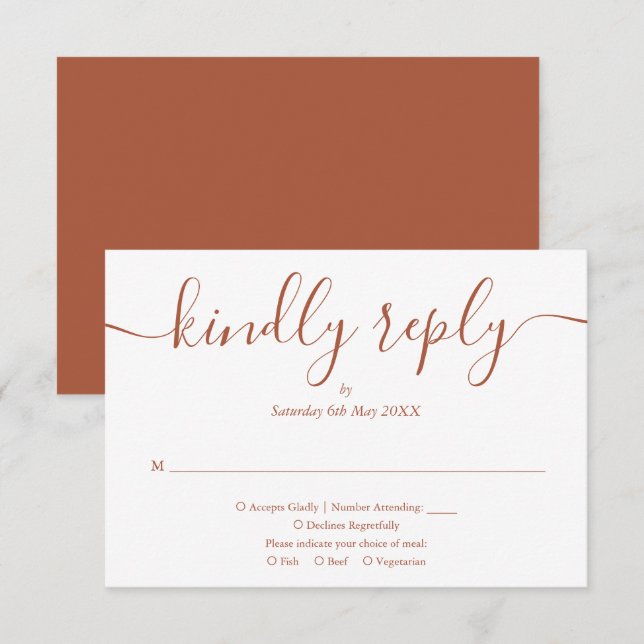 Modern Script Terracotta Wedding Meal Choice RSVP Card (Front/Back)