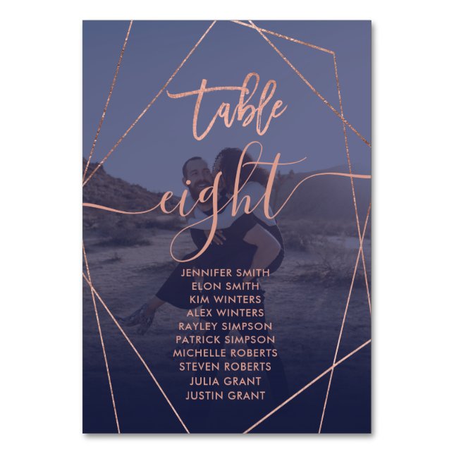 Modern script terrarium navy photo wedding table number (Front)