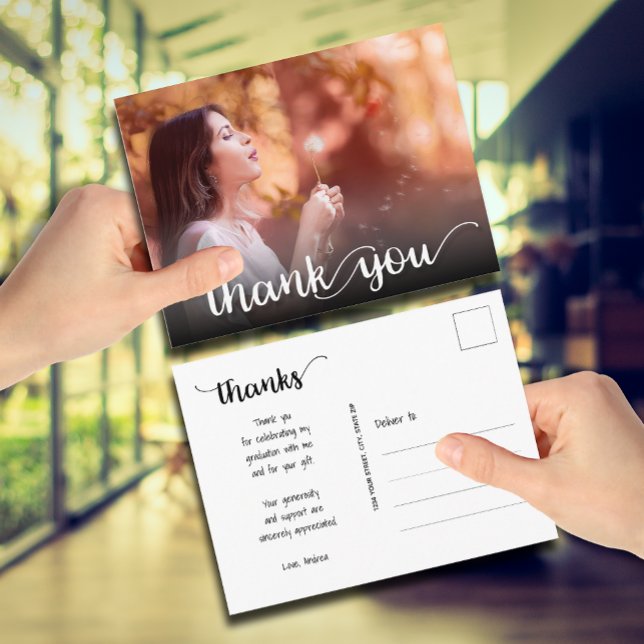 Modern Script Thank You Photo Graduation Postcard (Creator Uploaded)