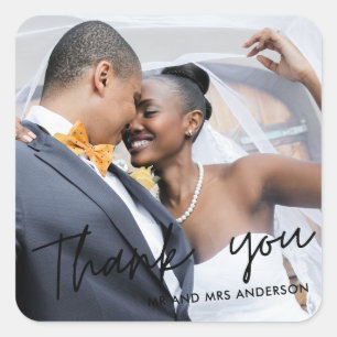 Modern Script Thank You Photo Wedding Favour Square Sticker