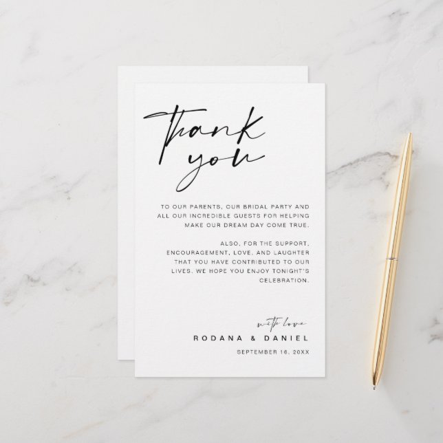 Modern Script Thank You Wedding Reception Card (Front/Back In Situ)