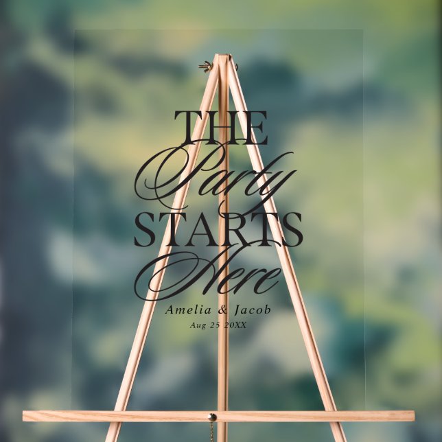 Modern Script The Party Starts Here Wedding  Acrylic Sign (Neutral)