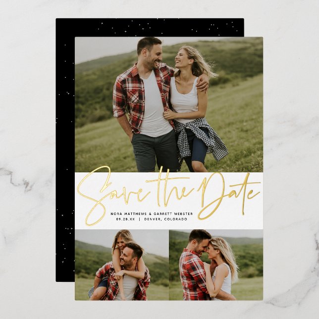 Modern script three photo gold save the date (Front/Back)