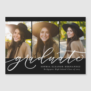 Modern script three photo graduation announcement