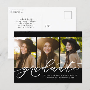Modern script three photo graduation invitation postcard