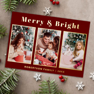 Modern Script Three Photo Red Merry & Bright Foil Holiday Card