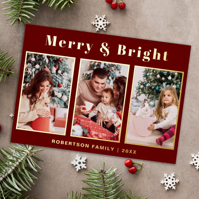 Modern Script Three Photo Red Merry & Bright Foil Holiday Card (Creator Uploaded)