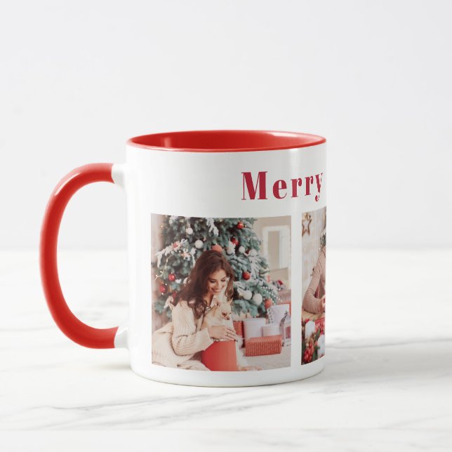 Modern Script Three Photo Red Merry & Bright  Mug (Left)