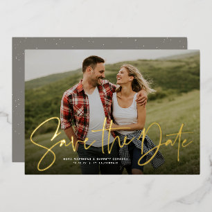 Modern script trendy one photo save the date foil 
