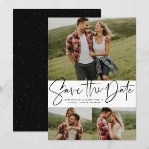 Modern script trendy three photo black and white save the date