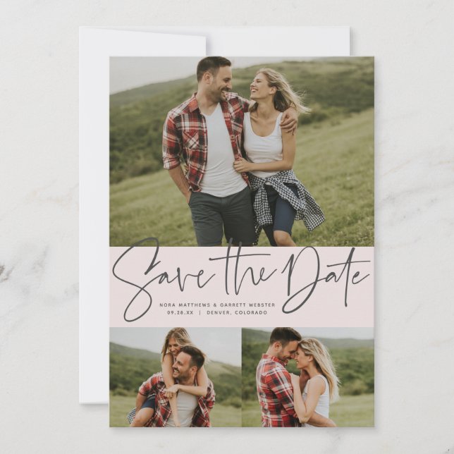 Modern script trendy three photo blush pink save the date (Front)