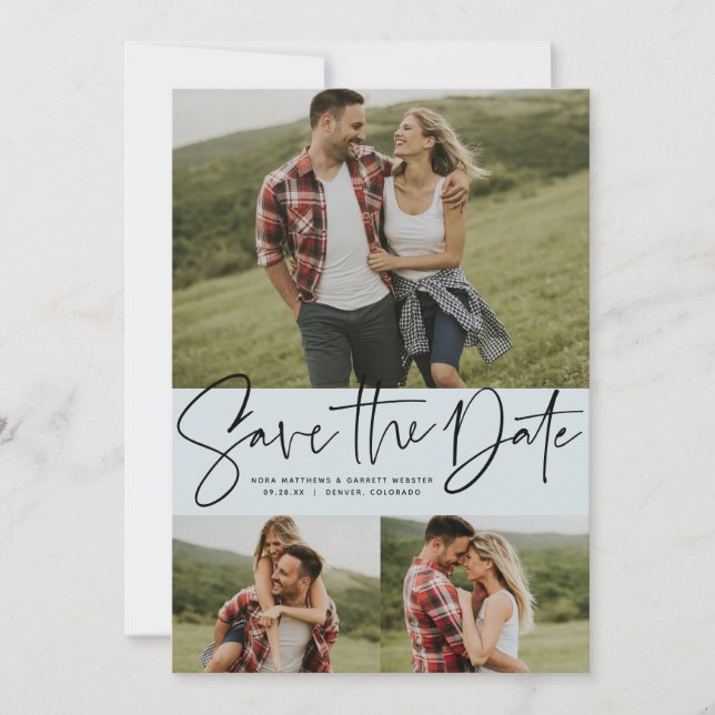 Modern script trendy three photo light blue save the date (Front)