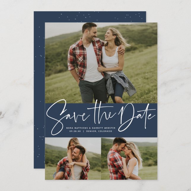 Modern script trendy three photo navy save the date (Front/Back)