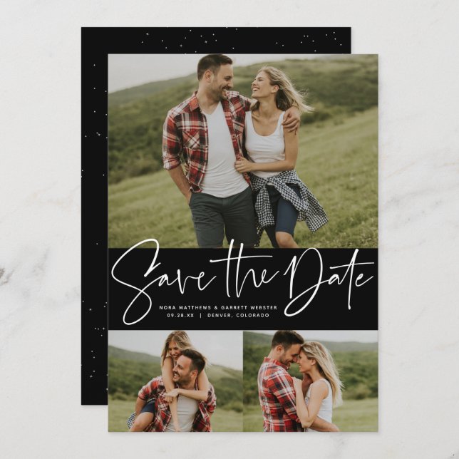 Modern script trendy three photo save the date (Front/Back)