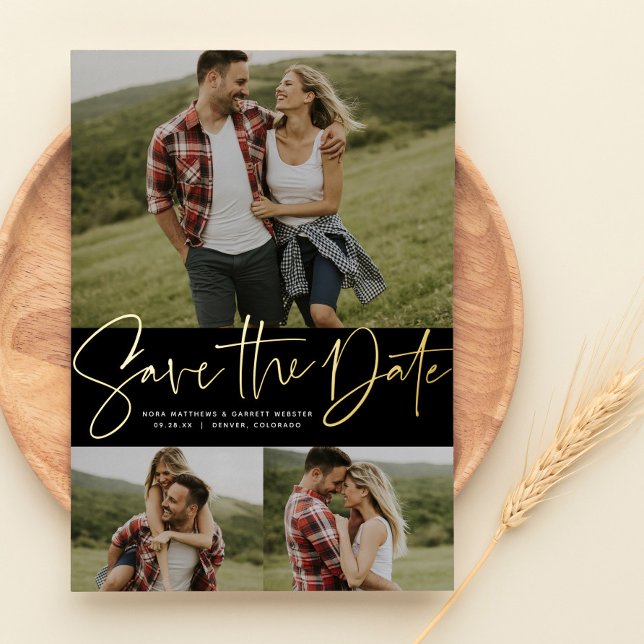 Modern script trendy three photo save the date (Creator Uploaded)