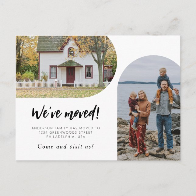 Modern Script Two Arch Photo We've Moved Announcement Postcard (Front)