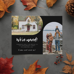 Modern Script Two Arch Photo We've Moved Black Announcement Postcard