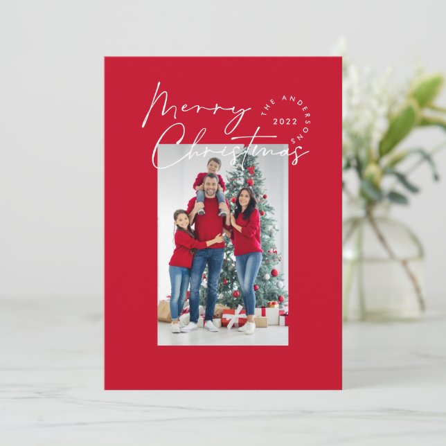 Modern script typography 1 photo Christmas Holiday Card (Standing Front)