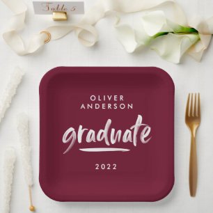 Modern script typography burgundy graduation paper plate