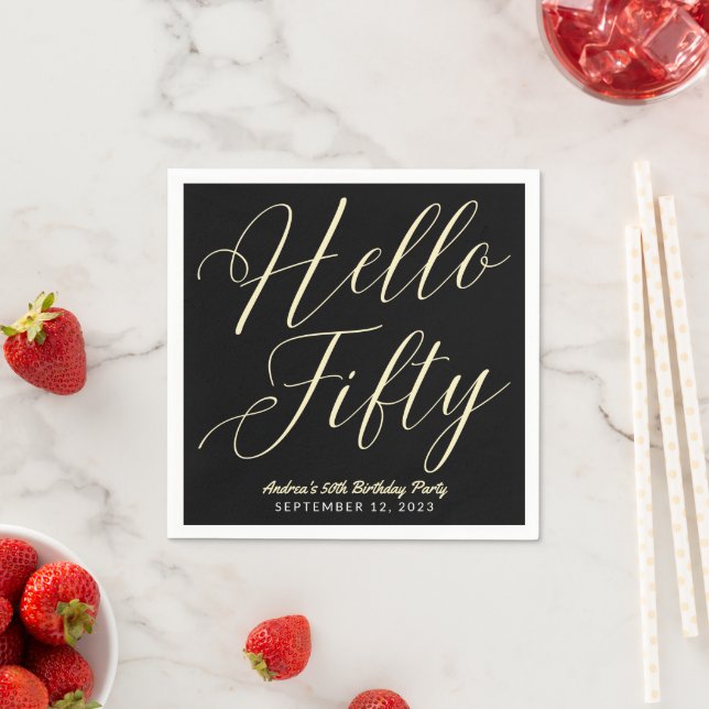 Modern Script Typography Hello Fifty Black Gold Napkin (Insitu)