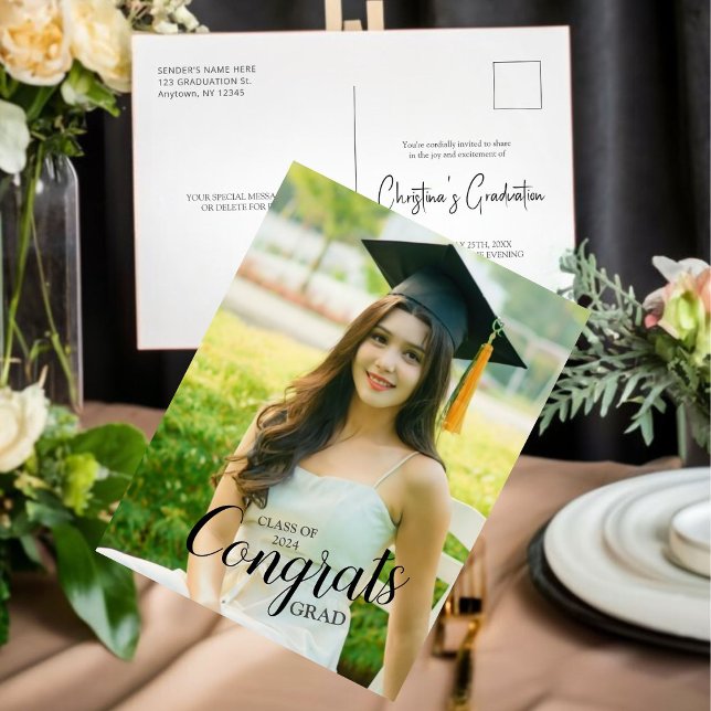 Modern script typography Photo Graduation Postcard (Share your success with sophistication!)