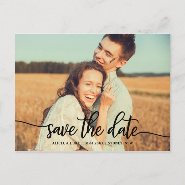 Modern Script Typography Photo Save the Date Announcement Postcard (Front)