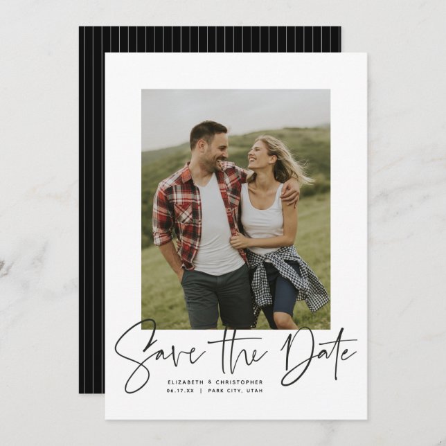 Modern script vertical photo save the date (Front/Back)