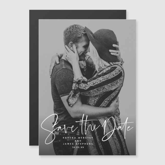 Modern script vertical photo save the date magnetic invitation (Front/Back)