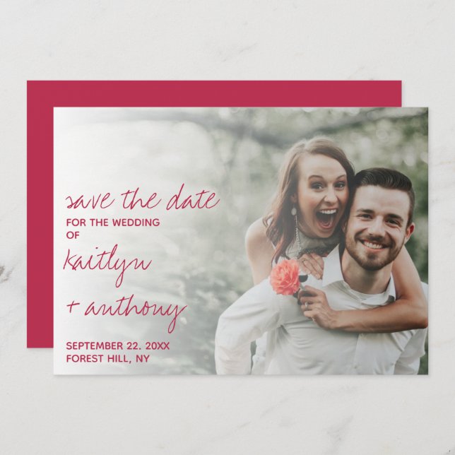 Modern Script Viva Magenta Minimalistic Photo Save The Date (Front/Back)