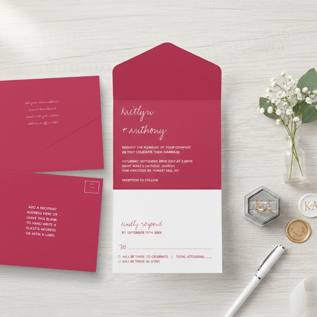 Modern Script Viva Magenta Minimalistic Wedding All In One Invitation (Creator Uploaded)