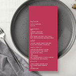Modern Script Viva Magenta Minimalistic Wedding Menu<br><div class="desc">Celebrate in style with these stylish and very trendy wedding menu cards. This design is easy to personalise with your special event wording and your guests will be thrilled when they see these fabulous menus. Matching items can be found in the collection.</div>