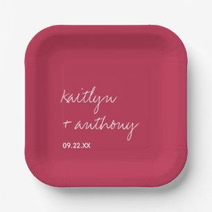 Modern Script Viva Magenta Minimalistic Wedding Paper Plate