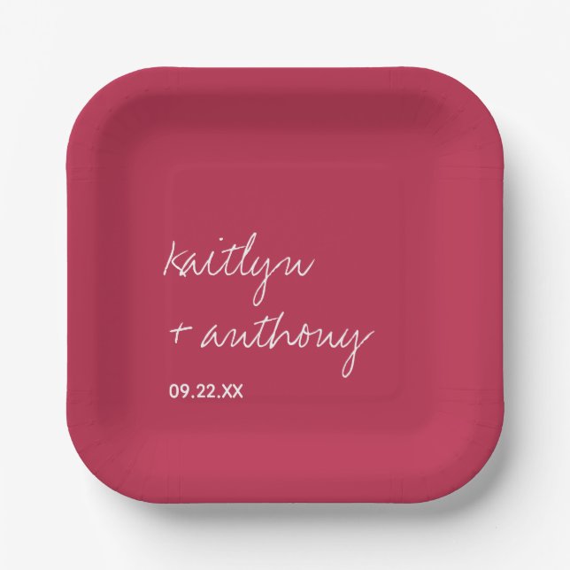 Modern Script Viva Magenta Minimalistic Wedding Paper Plate (Front)