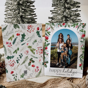Modern Script w/ Elegant Botanical Arch 1 Photo Holiday Card