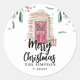 Modern Script Watercolor Door Merry Christmas Classic Round Sticker