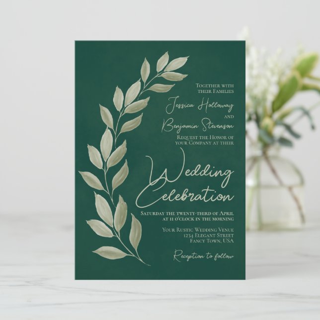 Modern Script Watercolor Emerald Greenery Wedding Invitation (Standing Front)