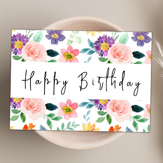 Modern Script Watercolor Wildflower Happy Birthday Card (Creator Uploaded)
