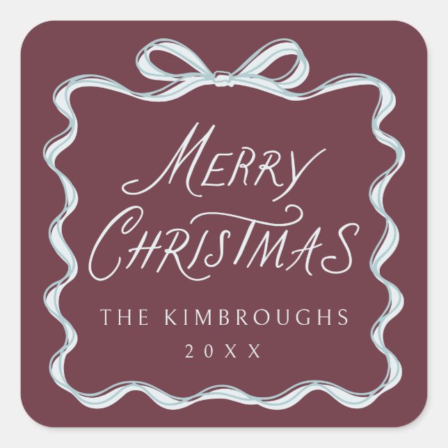 Modern Script Wavy Bow Merry Christmas Square Sticker (Front)