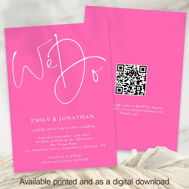 Modern Script We Do QR Code Hot Pink Wedding Invitation (Front and Back View)