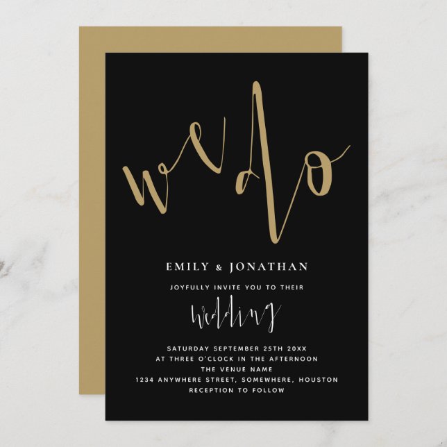 Modern Script We Do Wedding Black Gold Invitation (Front/Back)
