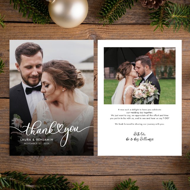 Modern Script Wedding 2 Photos Thank You Card (Wedding 2 Photos Elegant Thank You Card)