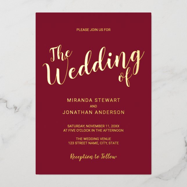 Modern Script Wedding Burgundy and Gold (Front)