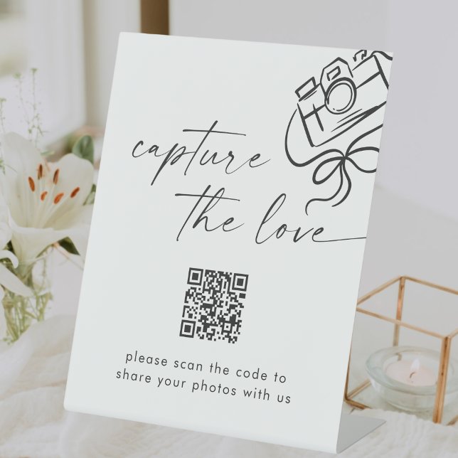 Modern Script Wedding Capture The Love QR Code Pedestal Sign (Creator Uploaded)