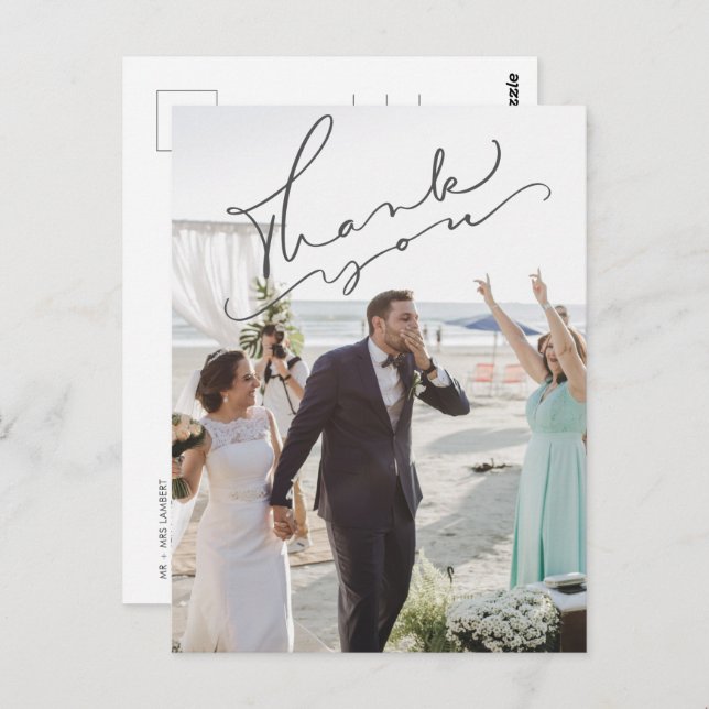 Modern Script Wedding Day Photo Thank You  Postcard (Front/Back)