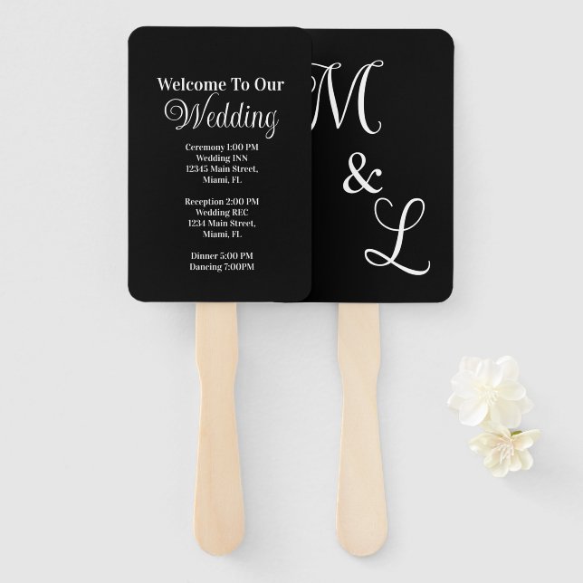 Modern Script Wedding Event Black White Program Hand Fan (Front and Back)