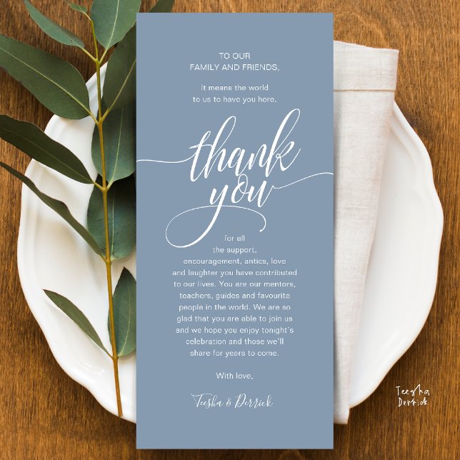 Modern Script Wedding Guest Dinner Thank You Card (Modern Script Wedding Guest Dinner Reception Brunch Lunch Thank You Card in Warm Dusty Blue)