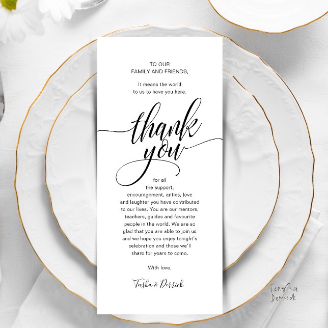 Modern Script Wedding Guest Dinner Thank You Program (Modern Script Wedding Guest Dinner Reception Brunch Lunch Thank You Card in Black and White)